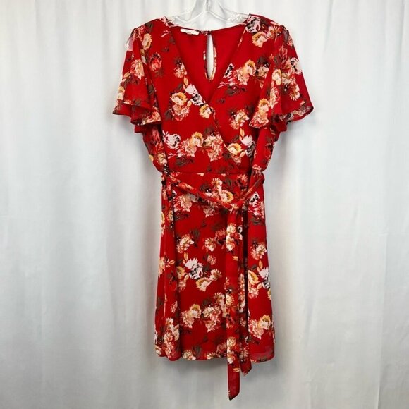Maurices Dresses & Skirts - Maurices Womens A Line Dress Red Multicolor Floral Faux Wrap Short Sleeve S
